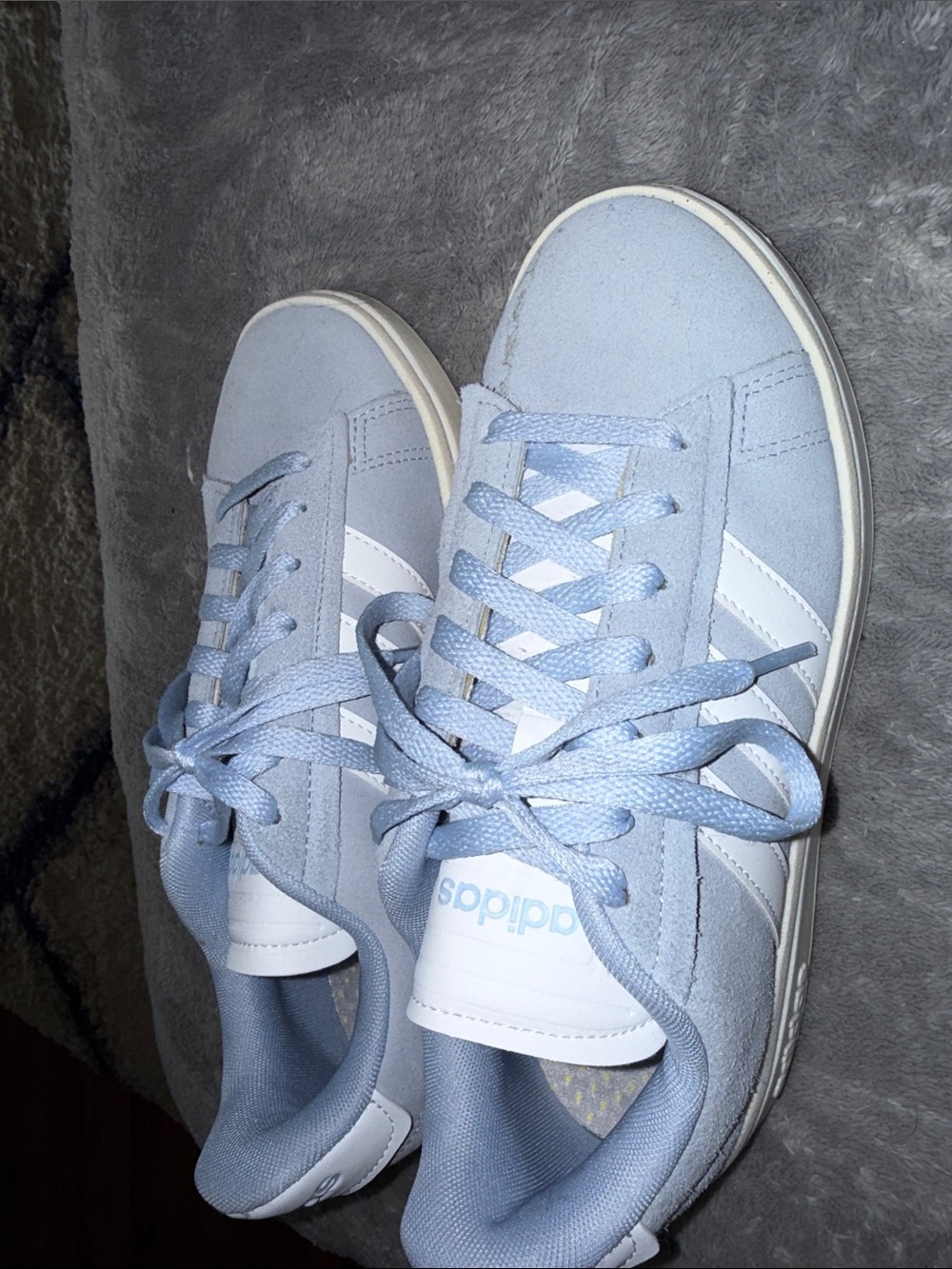 adidas Light Blue Suede Sneakers with White Stripes and Soles size 6.5